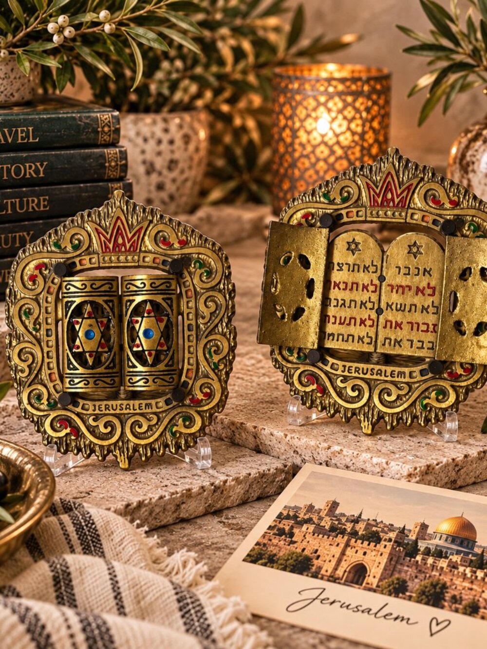 Vintage Wainberg Israel Brass & Enamel Jerusalem Tabletop Sculpture